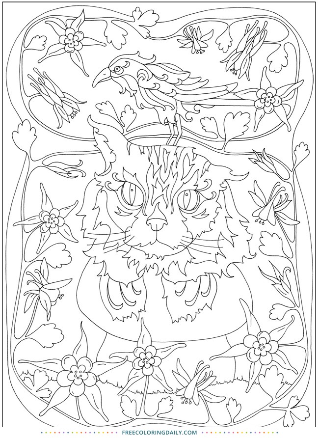 Cats and Birds Free Coloring
