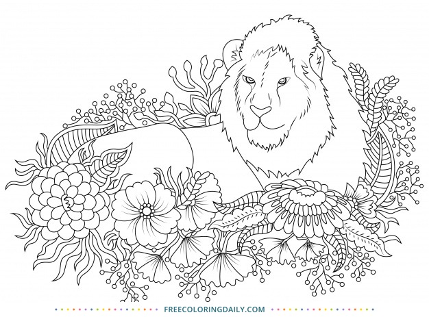Free Lion with Flowers Coloring