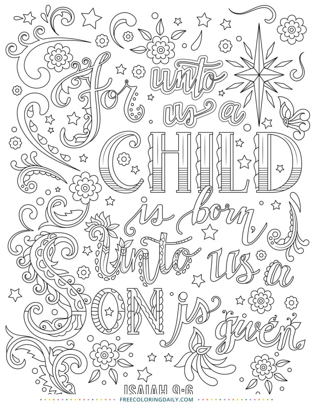 FREE “For Unto Us a Child is Born” Coloring Quote
