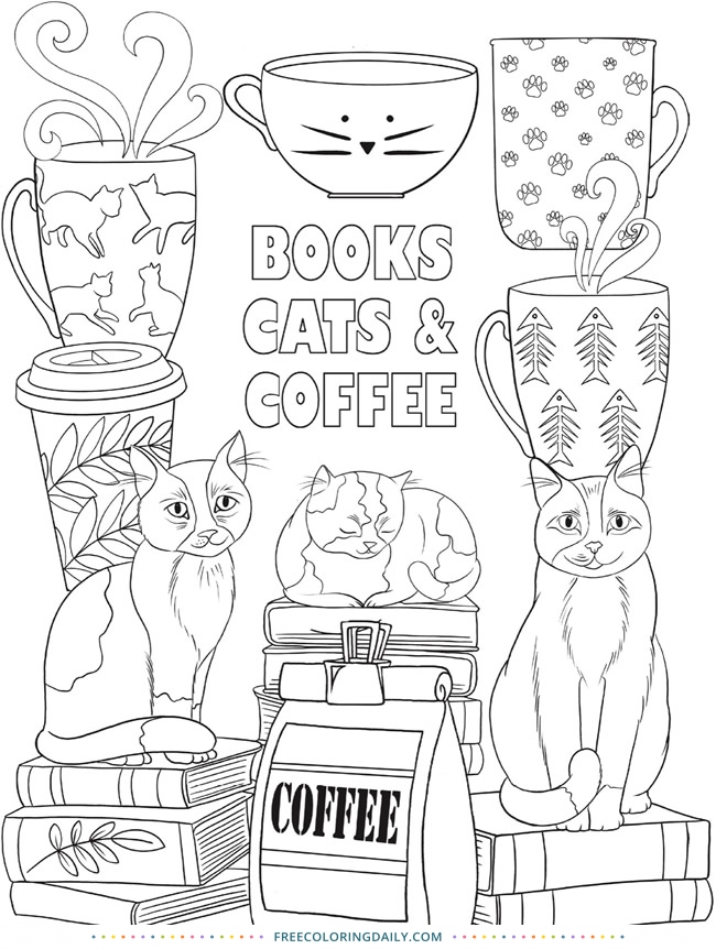 Free Books & Cats Coloring Page