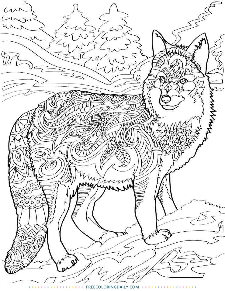 Free Patterned Wolf Coloring Page