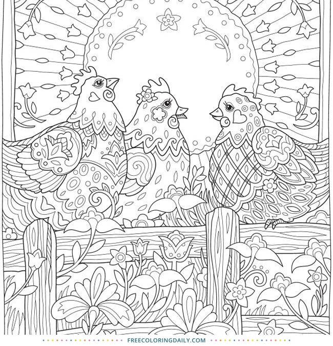Free Patchwork Chickens Coloring Page